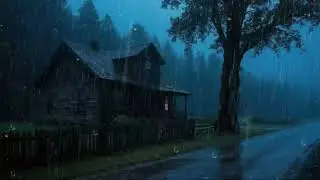 Heavy Rain Sounds for Insomnia Sleep | Peaceful Forest Cabin Night with Fog and Cozy Lights