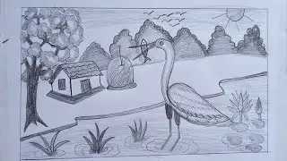 How to draw a crane bird fishing scenery//pencil drawing// egret bird easy drawing//step by step...