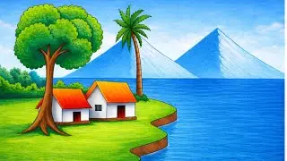 Beautiful Village Scenery Drawing | Easy Nature Landscape with Oil Pastel ||গ্রামের দৃশ্য আঁকা 
