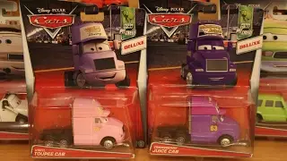 Mattel Disney Cars 2017 Deluxe Case K Transberry Juice Cab, Vinyl Toupee Cab, Charlie Cargo, Brian