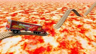 Mack Truck vs Impossible Log Wave Bridge Crossing Cars vs Deep Lava Crosses Road - BeamNG.Drive