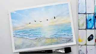 Watercolor sunset / sunrise over sea waves easy painting - with white gouache