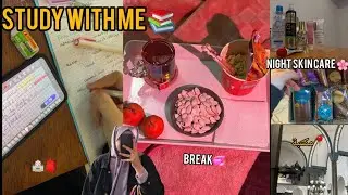Study with me vlog📚🎒|يوم انتاجي قرايه فالمكتبة 🏫 (night skincare routine,break,study)