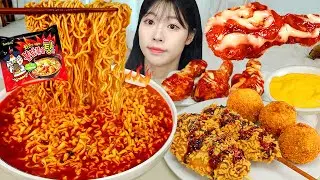 АСМР МУКБАНГ| Огненный пряный рамен, Хот-дог с огненной лапшой, Сырный крокет, Курица с приправами.