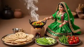 Rajasthani Miniature Women Doll Cooking | Making Roti & Baingan Curry | Miniature Village Food