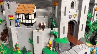 Lego Medieval Village layout with Castles black falcons, lion knights and barracks