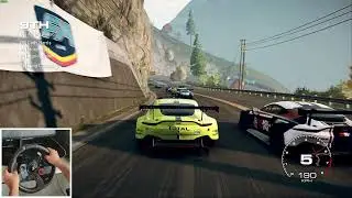 Aston Martin DBR9 curvy downhill street race. Logitech G29 steering wheel. GRID gameplay.