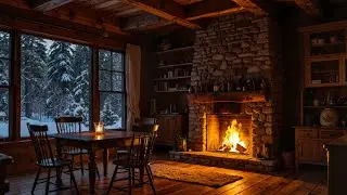 Cozy Winter Cabin Fireplace ❄️ Candlelight Dining Room & Snow Forest Ambience