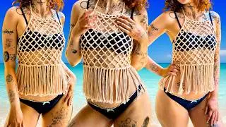 How to crochet Island Mesh Top Coverup 👙 fringe optional step by step tutorial 🏝️ easy DIY pattern