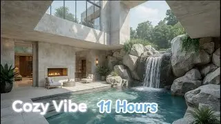 [4K] Cozy Ambience | Waterfall, Fireplace & Birds Singing in a Modern Nature Retreat