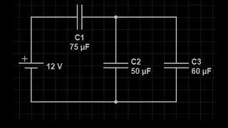 Capacitor network circuit with three capacitors: equivalent capacitance and energy in the capacitors