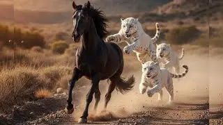 Black Arabian Horse Chased by Jaguar in the Snowy Grasslands &ndash; Intense Wild Chase