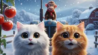 Snowy Tomato Farm Adventure | White & Orange Fluffy Cats and a Playful Monkey ❄️🍅🐱🐒