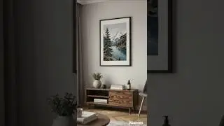 cozy living room, mountain art, wooden console, greenery, books, gray chair, #HomeDecor
