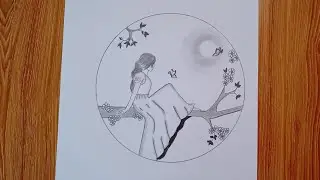 How to draw a girl sitting on a tree ( using only one pencil ) Il For beginners ll step by step.....