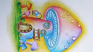 How to draw  mushroom house with colored pencil 