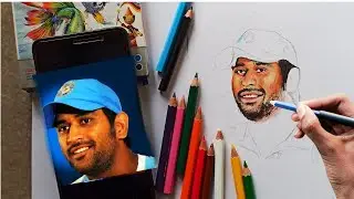 Drawing MS Dhoni with RS.15 Dom's Colour Pencils | MS Dhoni Drawing