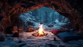 Quiet Snowy Cave at Mid Night ❄️ | Warm Fireplace Glow and Icy Winds for Restful Sleep