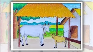 How to draw cow scenery, How to draw Simple Scenery for Beginners