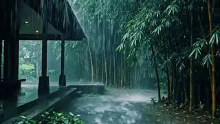 Relaxing ASMR of Heavy Rain Near Home Terrace Surrounded by Green Bamboo for Better Sleep 100