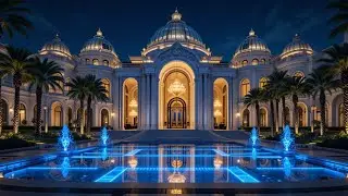 Grand Illuminated Palace with Reflective Pool at Night | Mansion Diaries 