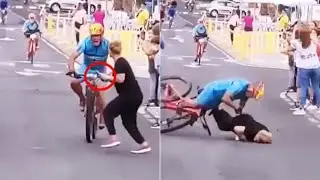 Woman on phone takes out race-leading cyclist in terrifying crash at end of 88km bike race
