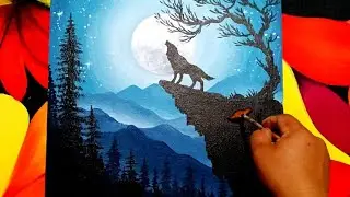 Easy acrylic painting for beginners/ howling wolf in moonlight/ W.L.Arts #howtopaint
