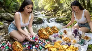 Finding Natural Gold, Diamond Amethyst. Diamonds, Quartz Crystal at the stream