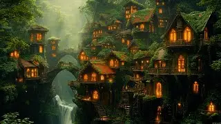 Green Moss Village Waterfall In The Forest | Celtic Ambience Music | Enchanted Forest Music