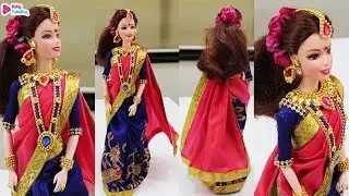 Barbie doll saree making, indian bridal doll dress and jewellery, Barbie double color saree draping