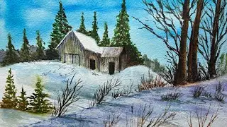 How to Paint a Peaceful Winter Barn | Watercolor Landscape Tutorial. speed painting no talking 