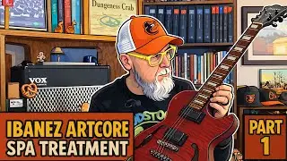 Настройка и ремонт гитары Ibanez Artcore: выравнивание ладов и диагностика электроники.