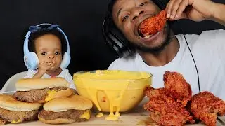 ASMR TRIPLE CHEESEBURGERS & SPICY FRIED CHICKEN *CHEESE DIPPING SAUCE EATING SOUNDS MUKBANG