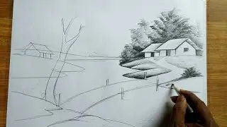 how to draw easy pencil sketch scenery,landscape pahar and river side scenery drawing,