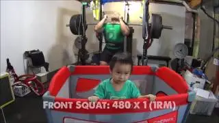 Front Squat (No Belt): 435 x 1 (1RM), Front Squat: 480 x 1 (1RM) & 500 x 0 (0RM)