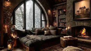 Winter Piano Room | Peaceful Piano Music with a Snowy View Outside a Warm Bedroom at Night