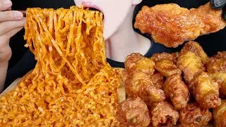 ASMR SPICY FIRE NOODLES SWEET FRIED CHICKEN MUKBANG 먹방 カルボプルダックポックンミョン チキン 咀嚼音 モッパン EATING SOUNDS