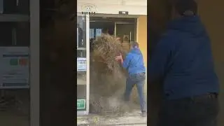 French farmers protest the government's agricultural policy by gifting bales of manure at tax office