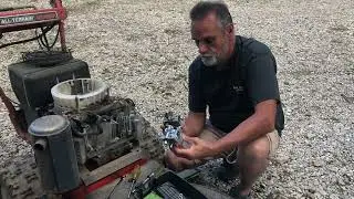 Kawasaki engine carburetor replacement and oil change on DR brush cutter.