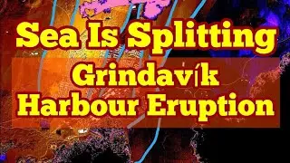 Гавань Гриндавика: раскол моря для извержения, Исландия. Трещинный вулкан Свартсенги, глубина зем...