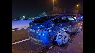 Tesla and other car crashes. Freeze frame sequence of right side camera video of Tesla hit right