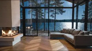 Crackling Fireplace & Rain Sounds for Deep Sleep 😴 | Luxury Lake House Study Ambience 🔥🌲
