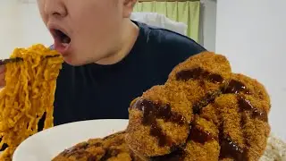 メンチカツとカルボブルダック｜モッパン｜ASMR 咀嚼音｜MUKBANG