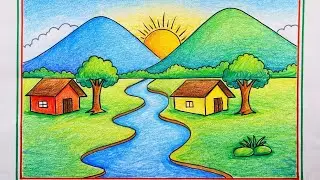 Peaceful Village Scenery Drawing | Relaxing Nature Art with Colour Pencils 🌿🌄