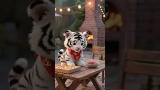 Fluffy tiger cub in pizza bandana licks sauce off paw, plays with pizza slice