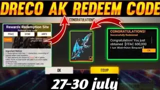 Free Fire Redeem Code Today 27-30 july | DRACO Ak Redeem Code | FF Redeem Code Today