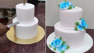 Elegant Engagement Cake | Blue Rose & Pearl Two-Tier Beauty 💍🎂