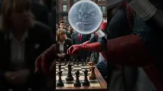 Spiderman superhero play chess or scary monster in blue and red looking at you