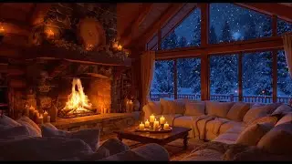 Cozy Winter Living Room Ambience ❄️ Fireplace Crackling & Gentle Snow with Soothing Piano Music