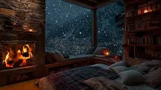 Cozy Snowy Cabin Night | Fireplace Ambience & Soft Snowfall for Sleep